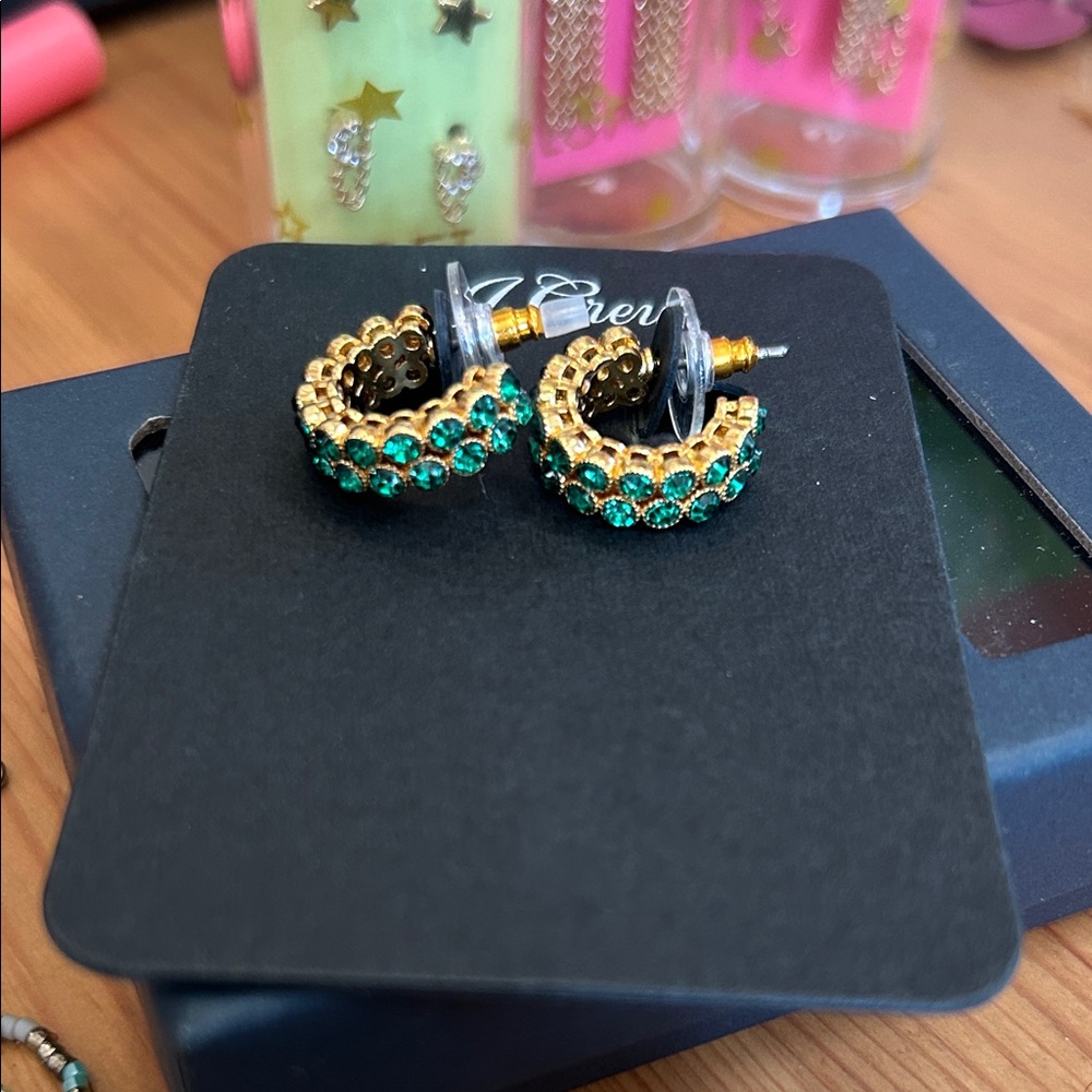 J. Crew NWT Gold and Emerald Green Crystal Small Hoop Earrings